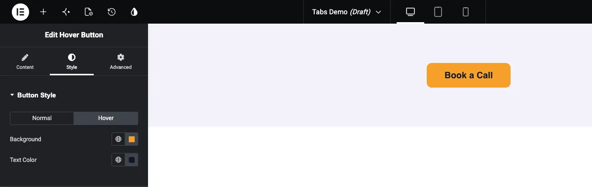 Hover tab of the Tabs control in Elementor with the button showing its hover colors