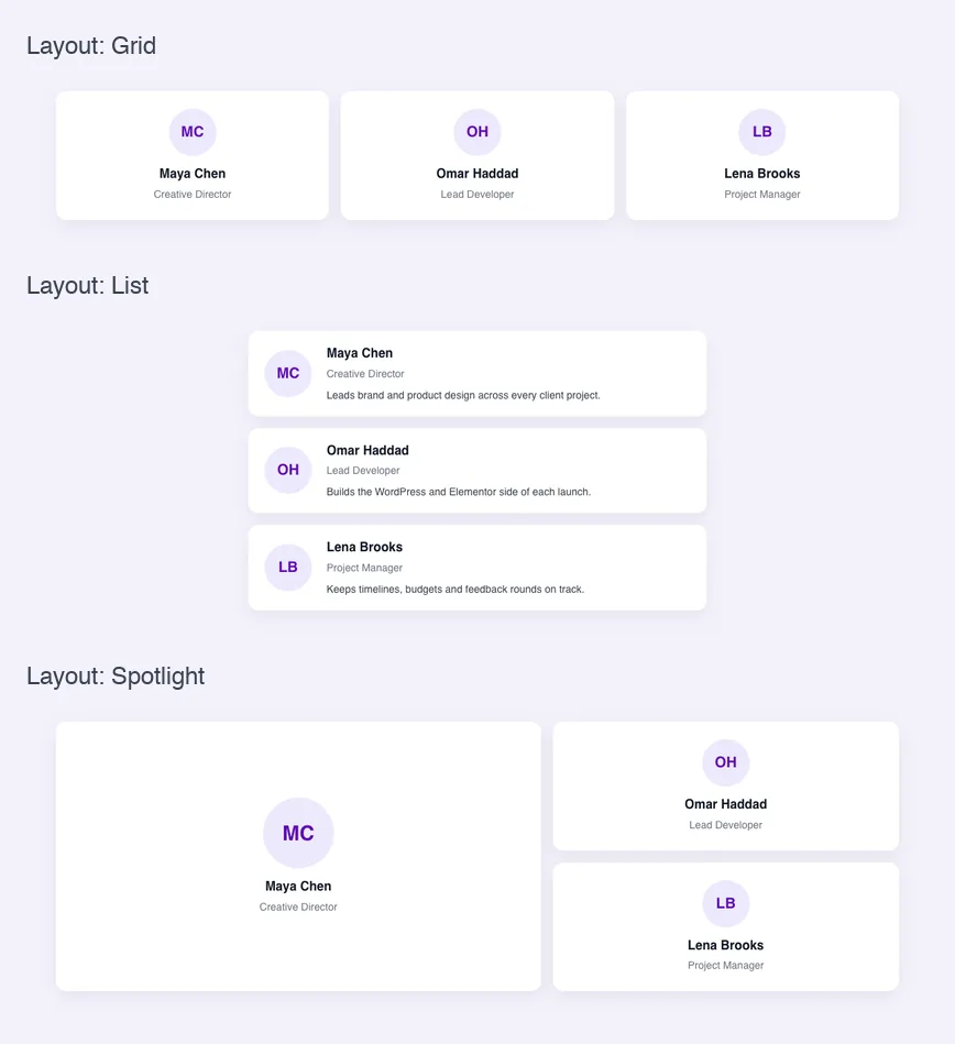 Team widget built with the Widget Builder Visual Choice field shown in Grid, List and Spotlight layouts