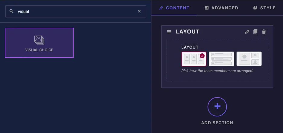 Visual Choice field found by searching visual in the Master Addons Widget Builder with three layout image cards in a Content section