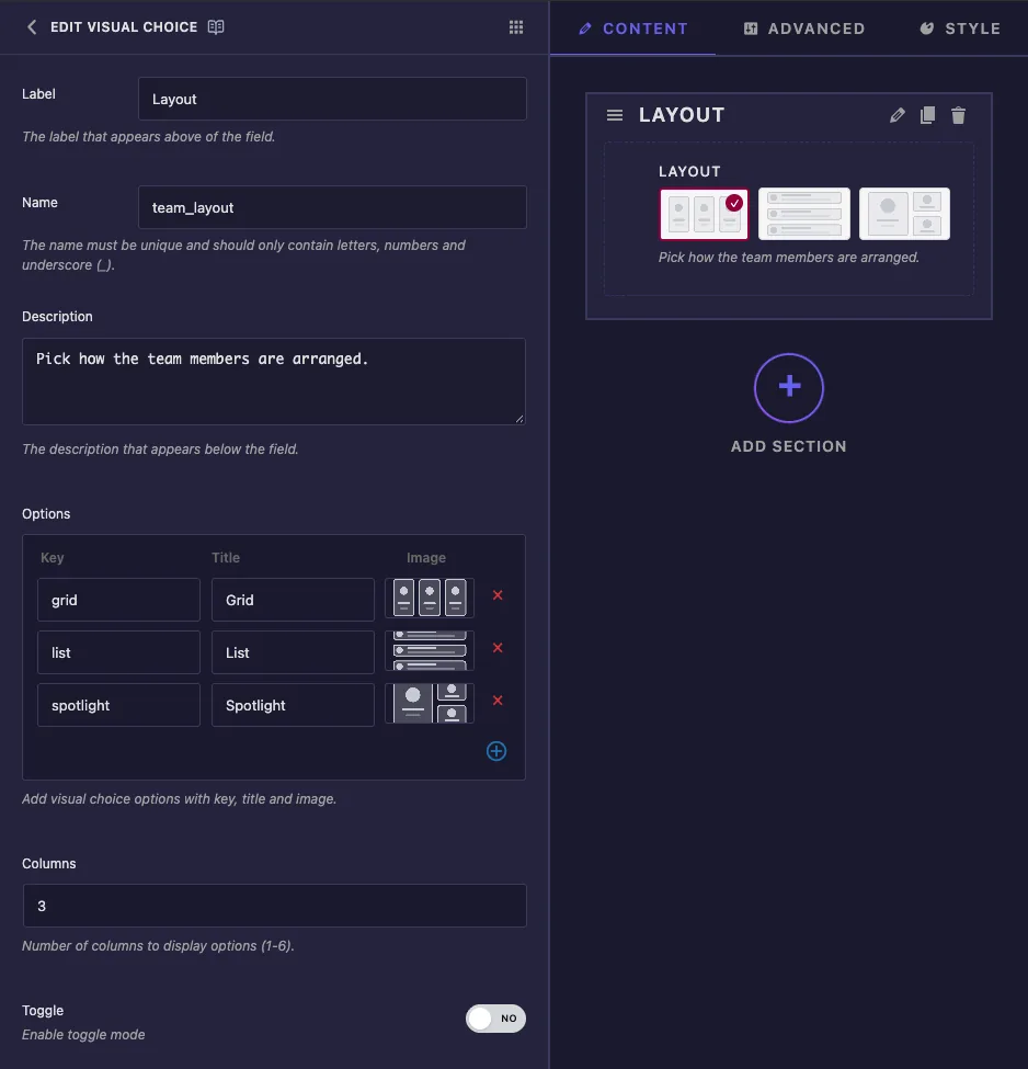 Visual Choice field options with Label, Name, Description, key title and image option rows, Columns set to 3 and Toggle