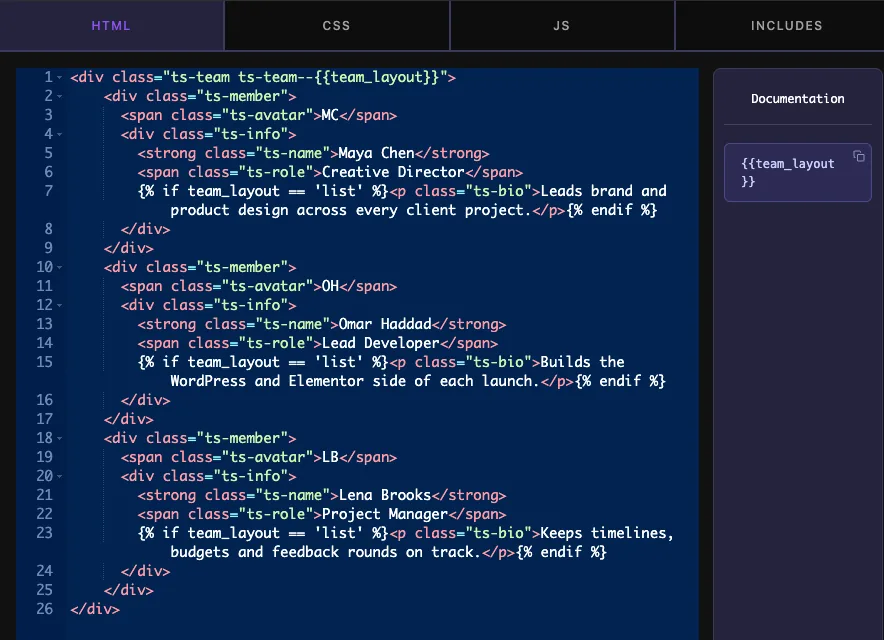 Widget HTML using the team_layout token in a class name and an if check for the list layout