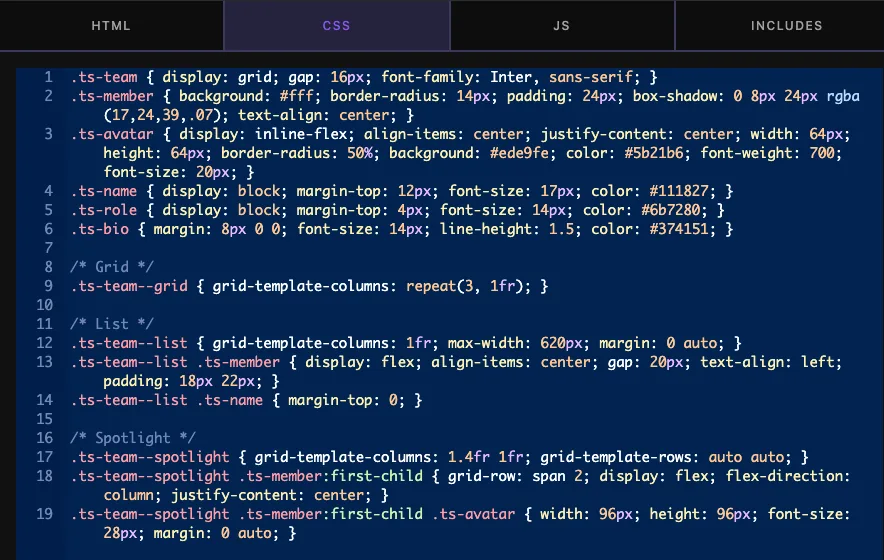 Widget CSS with separate rules for the ts-team--grid, ts-team--list and ts-team--spotlight classes
