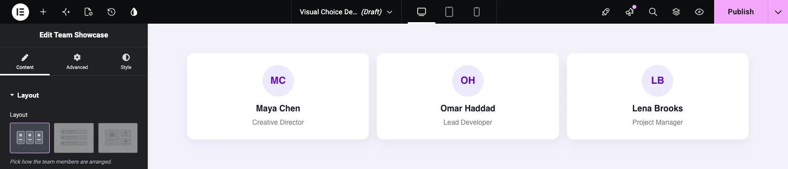 Visual Choice control in the Elementor panel with the Grid card selected and the team shown in three columns