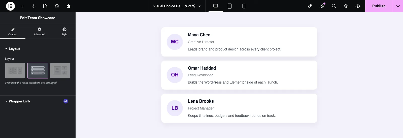 Visual Choice control with the List card selected and the team shown as rows with bios