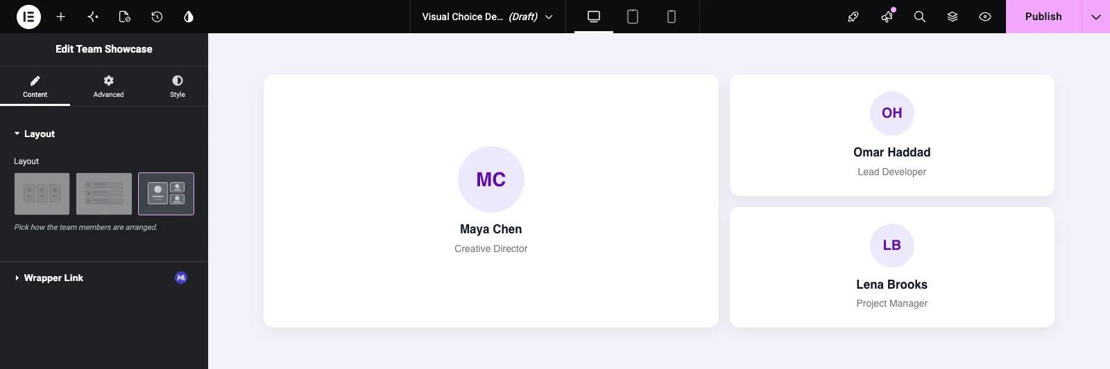 Visual Choice control with the Spotlight card selected and one large team member card beside two small ones