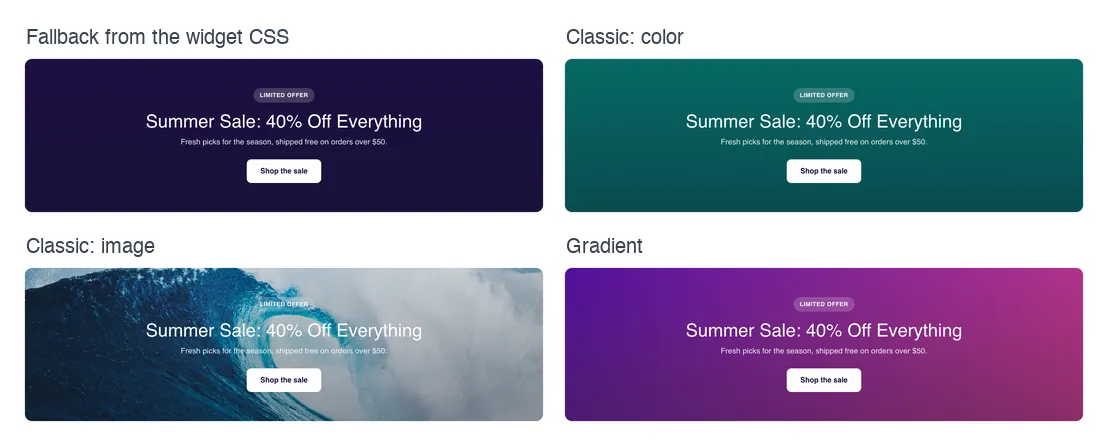 Promo banner widget built with the Widget Builder Background field shown with a fallback color, a classic color, a classic image and a gradient