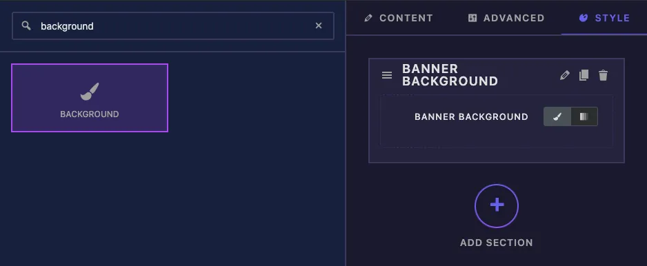 Background field found by searching background in the Master Addons Widget Builder and added to a Style tab section