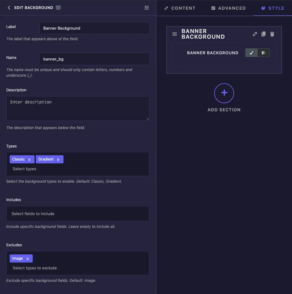 Background field Label, Name, Types set to Classic and Gradient, Includes and Excludes options in the Widget Builder