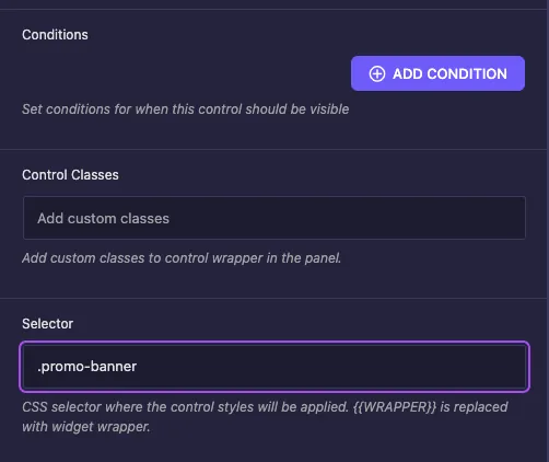Background field Selector option set to .promo-banner in the Widget Builder