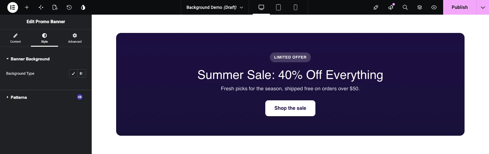 Background Type control with Classic and Gradient icons in the Elementor Style tab before a background is chosen