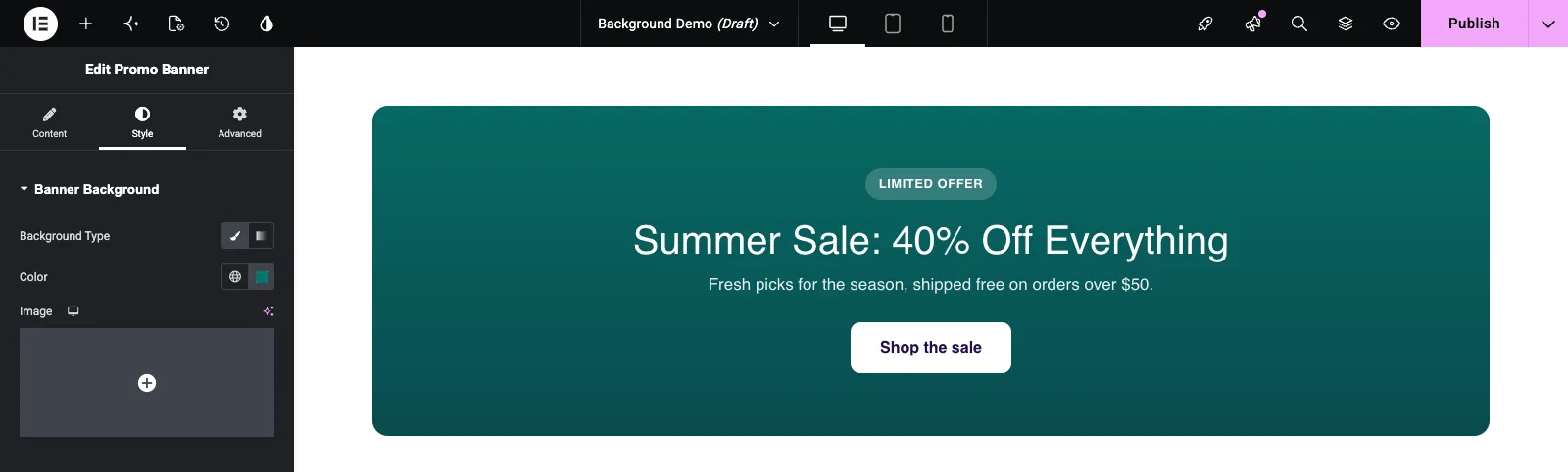 Classic background color set on a custom widget banner in the Elementor Style tab