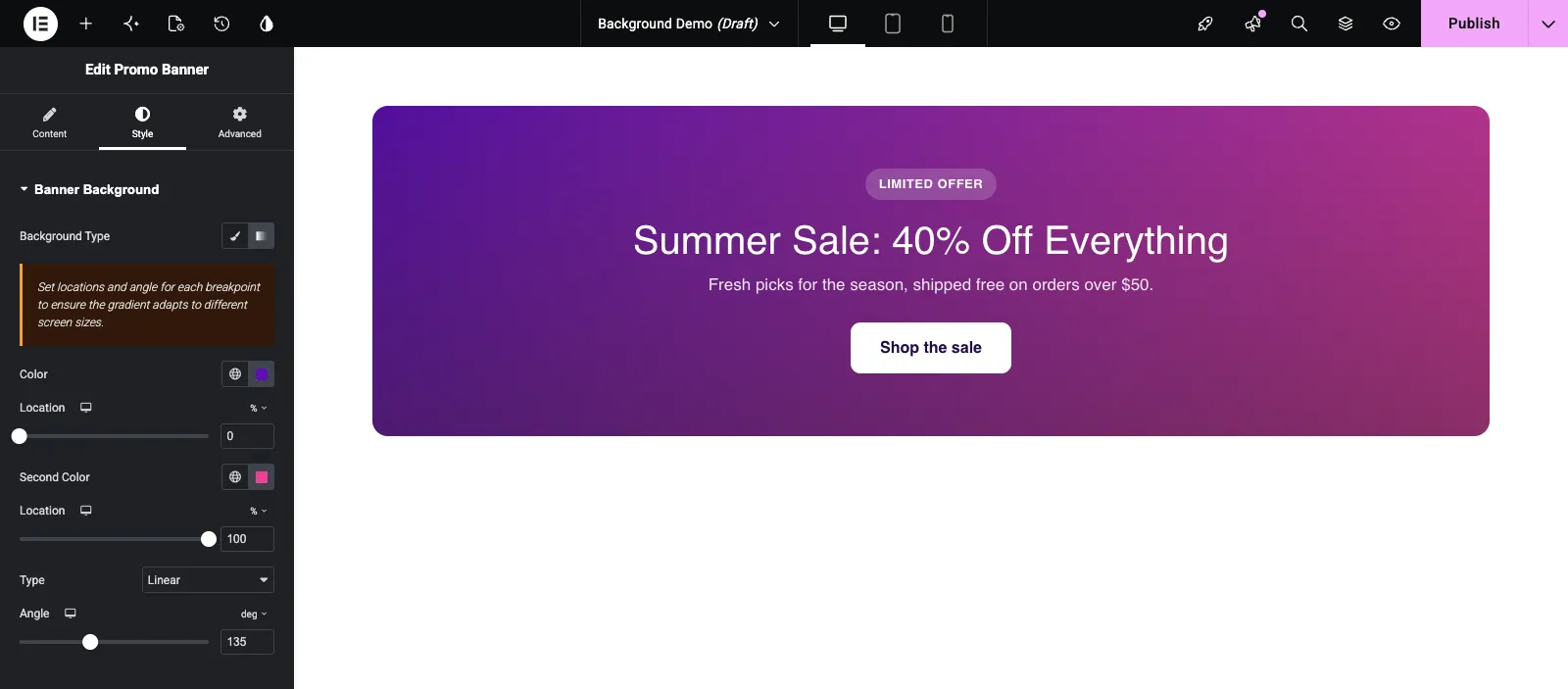 Gradient background with two colors, locations, type and angle settings in Elementor