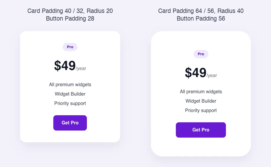 Pricing card built with the Widget Builder Dimensions field shown with small and large padding, radius and button padding