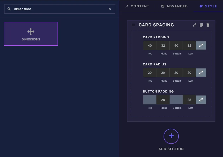 Dimensions field found by searching dimensions in the Master Addons Widget Builder with Card Padding, Card Radius and Button Padding fields in a Style section