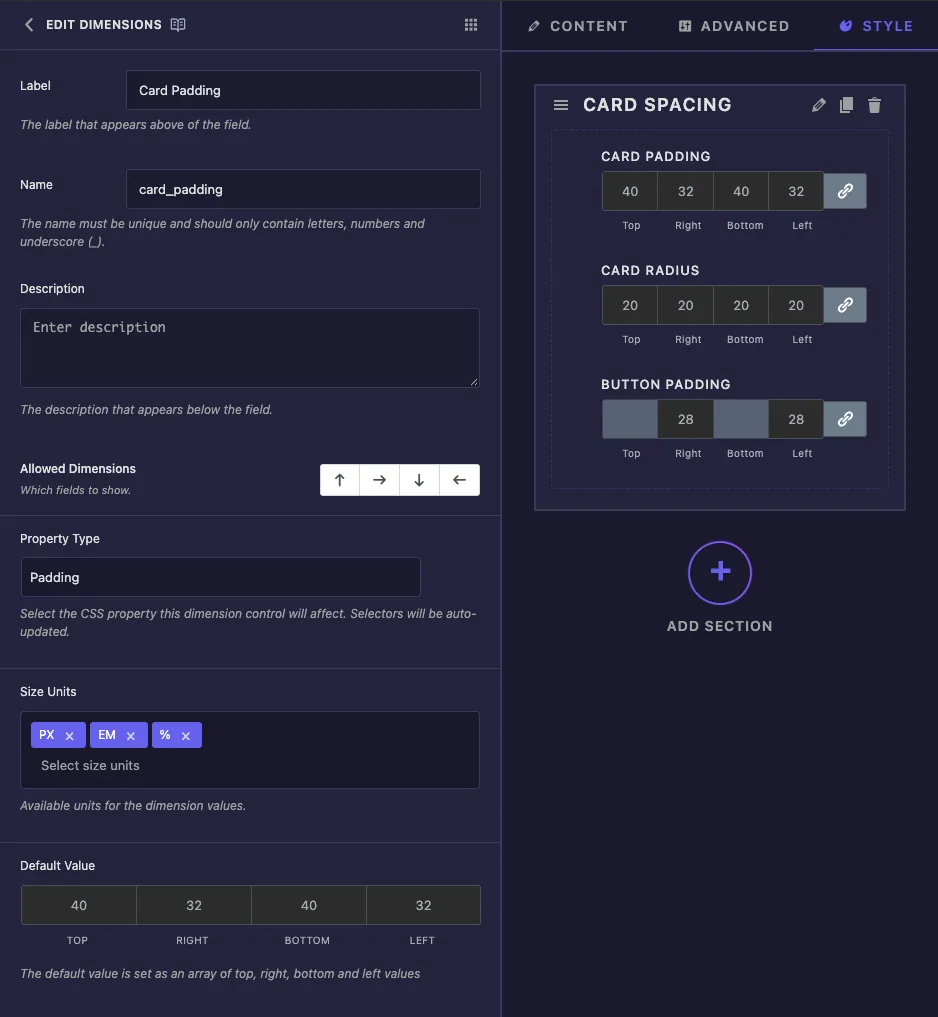 Dimensions field options with Label, Name, Allowed Dimensions, Property Type set to Padding, Size Units and Default Value
