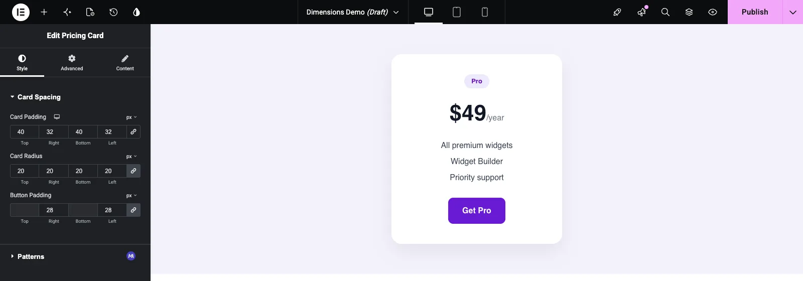 Card Padding, Card Radius and Button Padding controls in the Elementor Style tab next to the pricing card