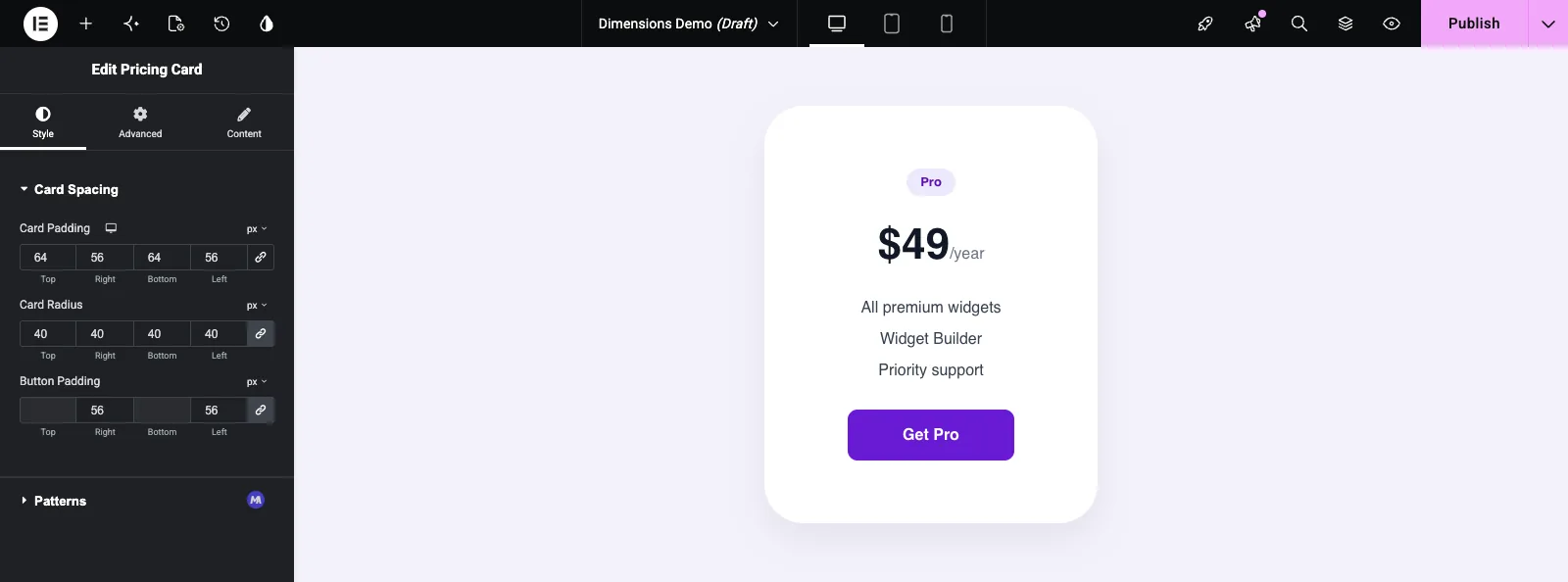 Pricing card in Elementor after raising Card Padding to 64 and 56, Card Radius to 40 and Button Padding to 56