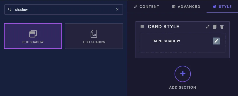 Box Shadow field found by searching shadow in the Master Addons Widget Builder and added to a Style tab section