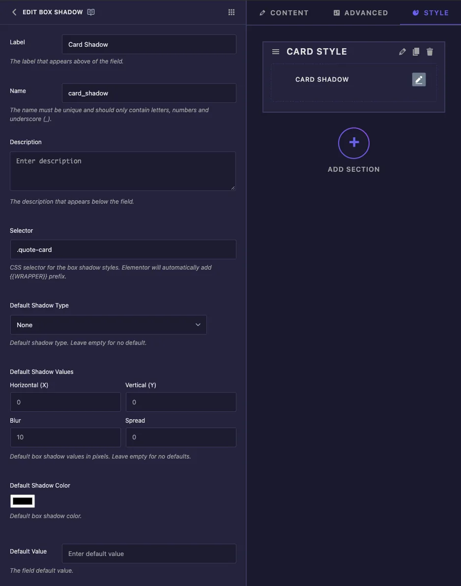 Box Shadow field options with Label, Name, Selector, Default Shadow Type, Default Shadow Values and Default Shadow Color