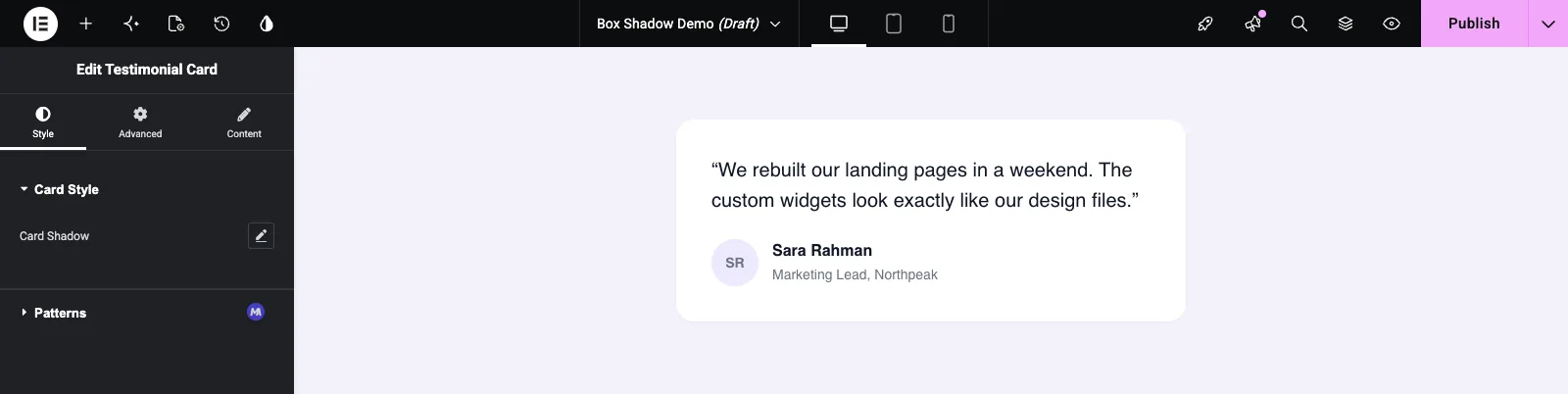 Card Shadow control with a pencil icon in the Elementor Style tab before a shadow is set
