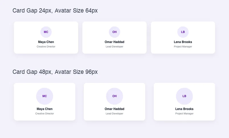 Team grid built with the Widget Builder Slider field shown with a 24px gap and 64px avatars, then a 48px gap and 96px avatars