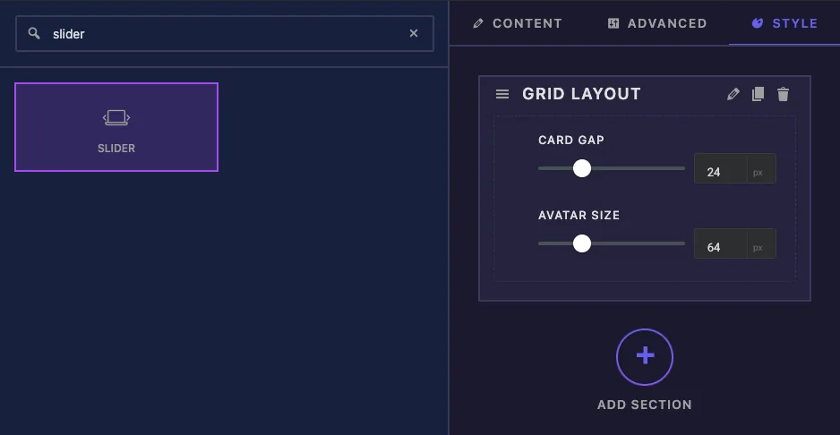 Slider field found by searching slider in the Master Addons Widget Builder with Card Gap and Avatar Size sliders in a Style section