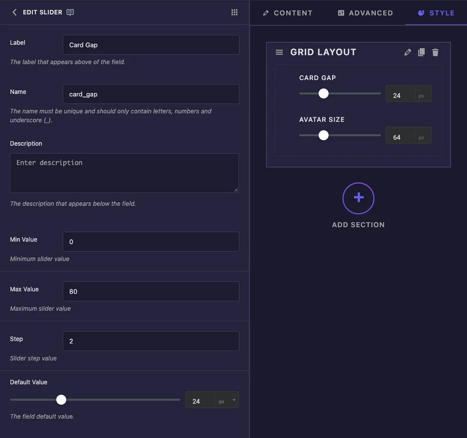 Slider field options with Label, Name, Min Value 0, Max Value 80, Step 2 and a Default Value of 24px