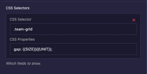 CSS Selectors row with the selector .team-grid and the property gap using SIZE and UNIT