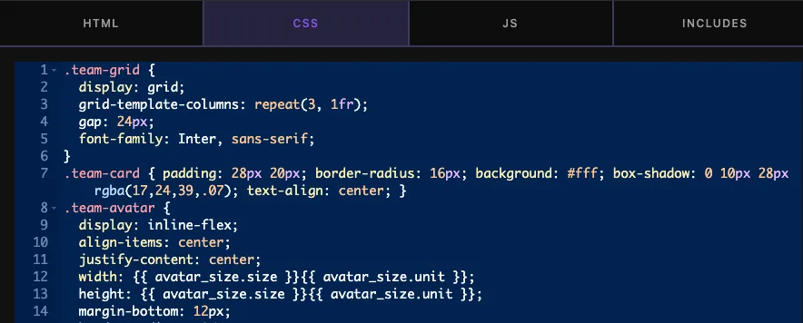 Widget CSS using avatar_size.size and avatar_size.unit tokens for the avatar width and height