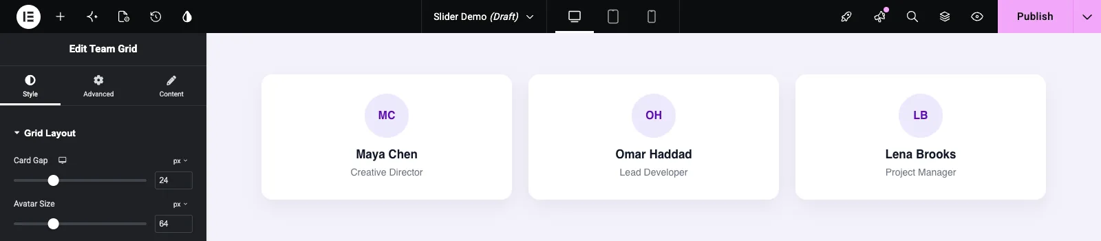 Card Gap and Avatar Size slider controls in the Elementor Style tab next to the team grid