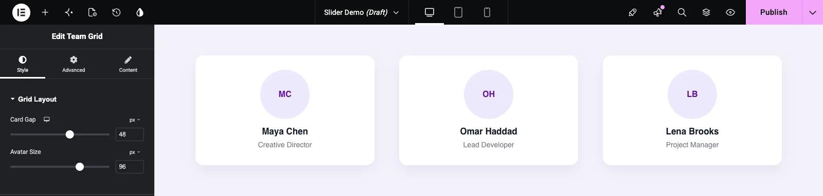 Team grid in Elementor after setting Card Gap to 48px and Avatar Size to 96px