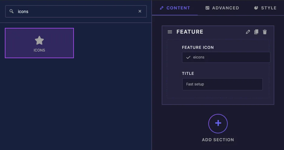 Icons field found by searching icons in the Master Addons Widget Builder with Feature Icon and Title fields in a Content section