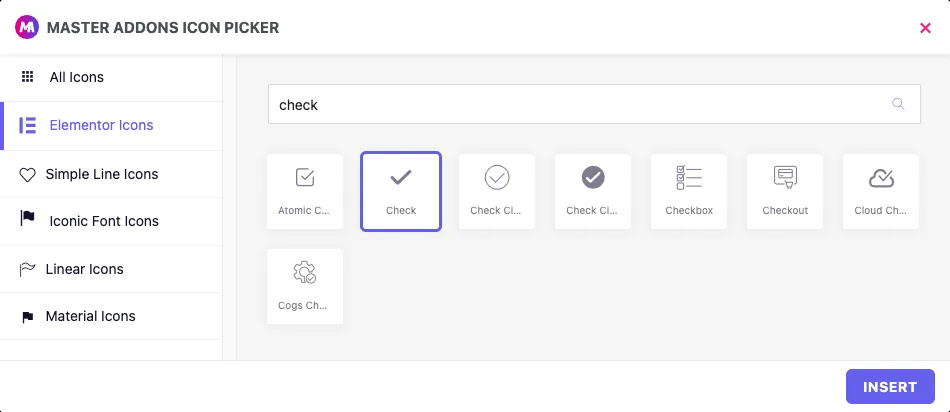Master Addons Icon Picker used for the Icons field Default Value with the Check icon selected