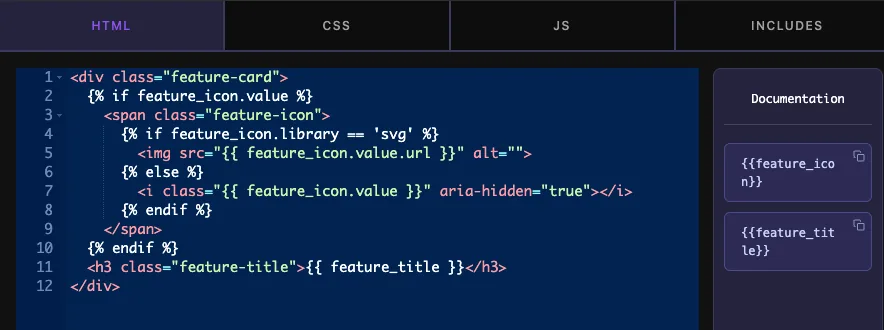 Widget HTML that checks feature_icon.library for svg and prints an img tag or an i tag