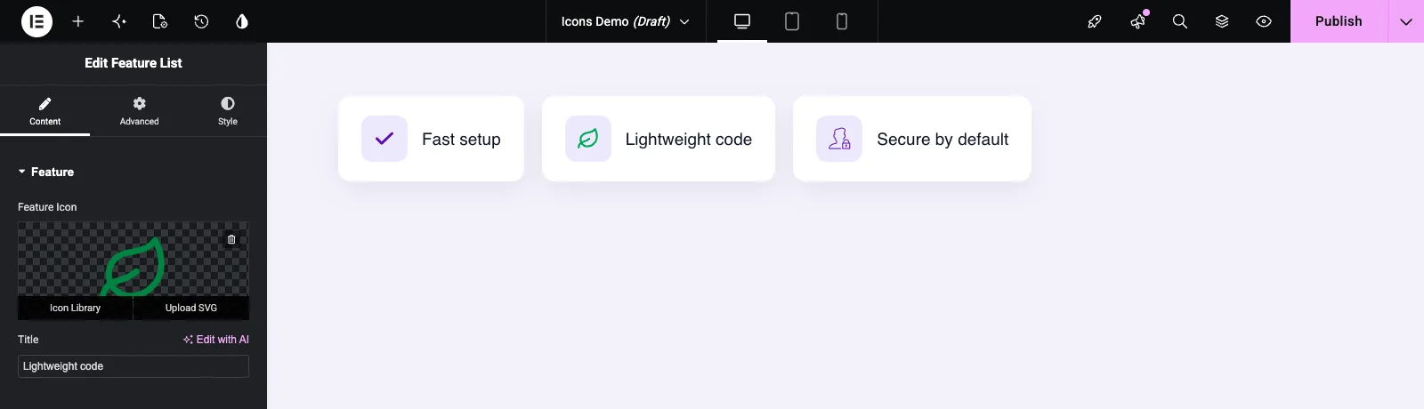 Icons control in Elementor showing an uploaded SVG with Icon Library and Upload SVG buttons
