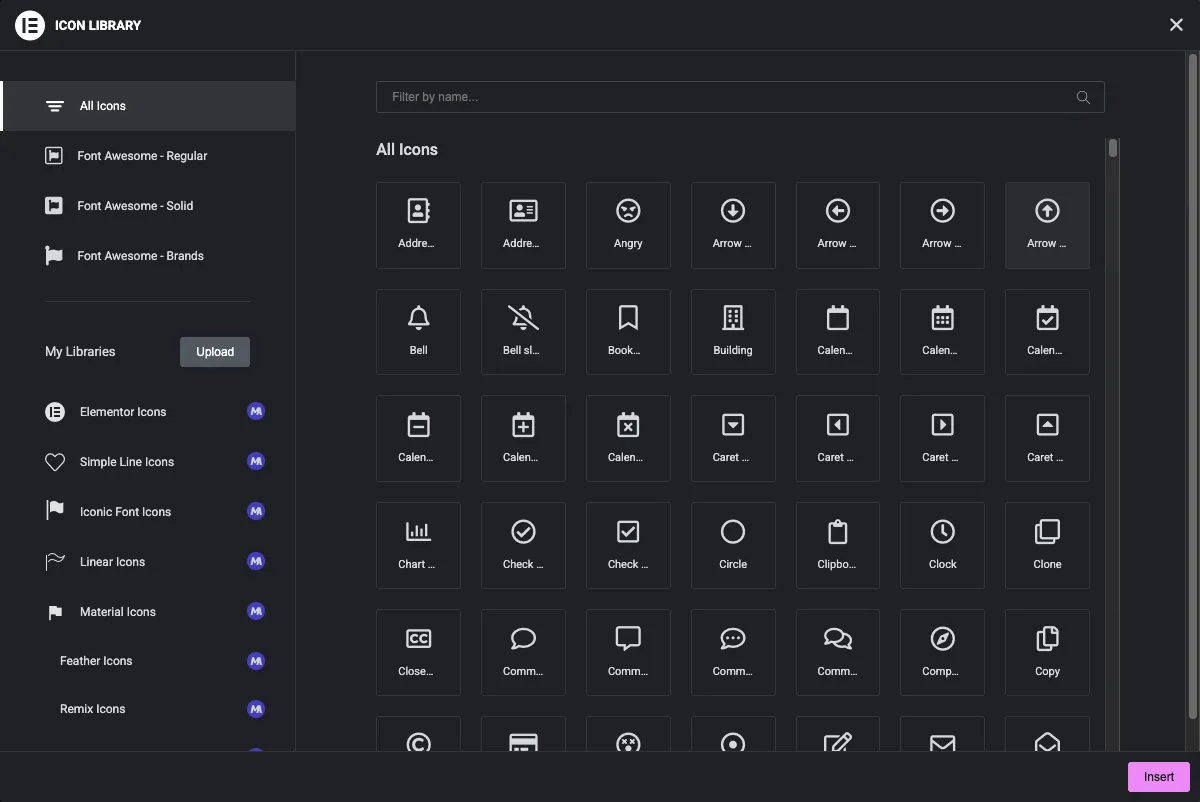 Elementor Icon Library window listing Font Awesome and Master Addons icon libraries