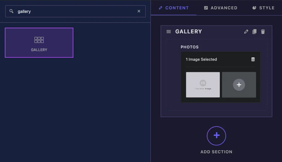 Gallery field found by searching gallery in the Master Addons Widget Builder and added to a Content section