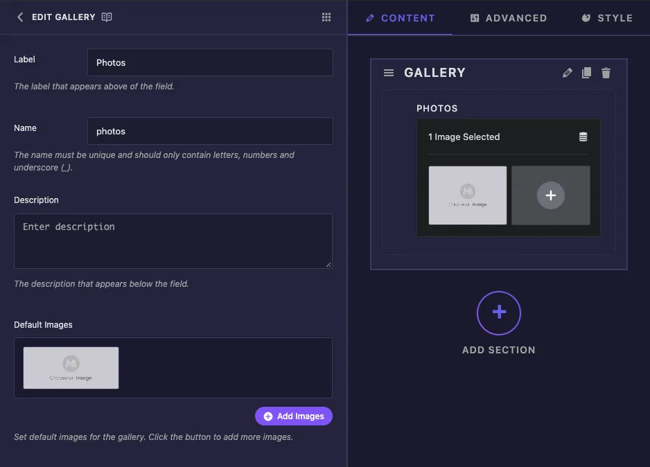 Gallery field options with Label, Name, Description and Default Images with an Add Images button