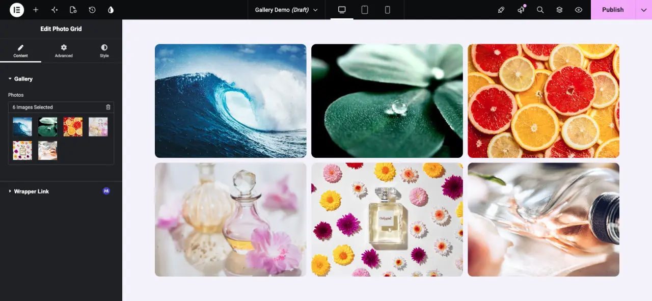 Gallery control in the Elementor panel showing six selected images next to the rendered photo grid