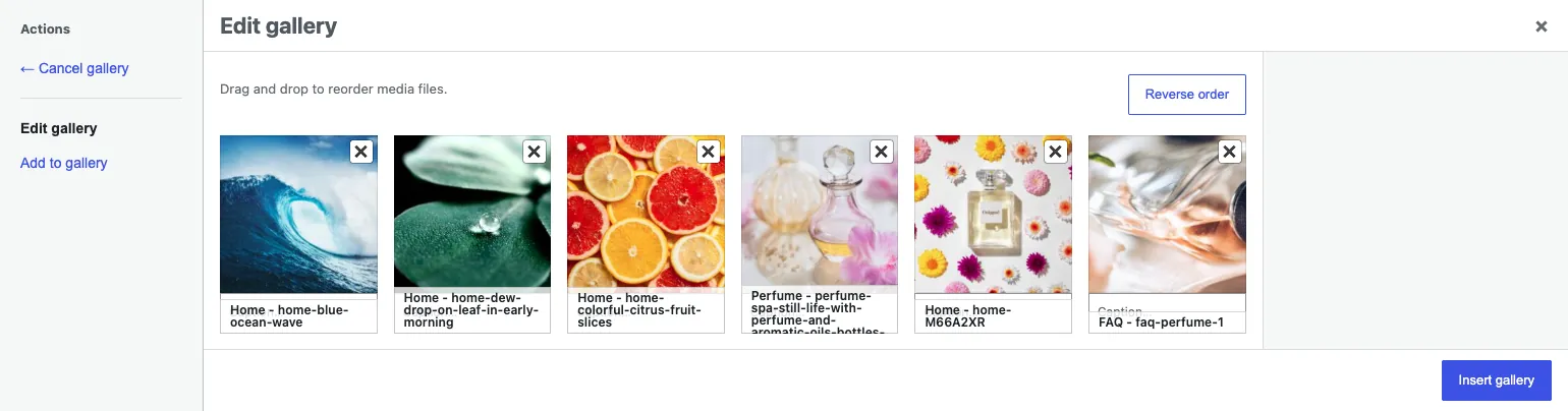 WordPress Edit gallery window with six images, Reverse order and Insert gallery