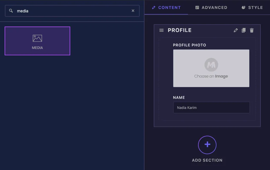 Media field found by searching media in the Master Addons Widget Builder with Profile Photo and Name fields in a Content section