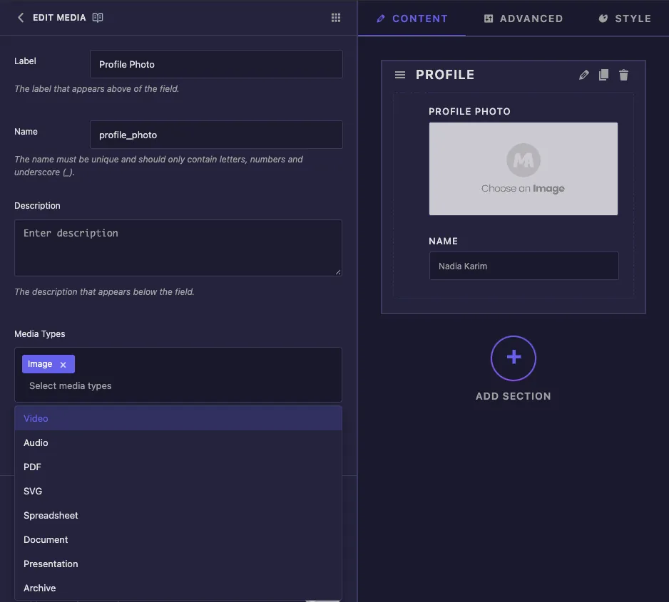 Media field options with Label, Name, Description and the Media Types list opened