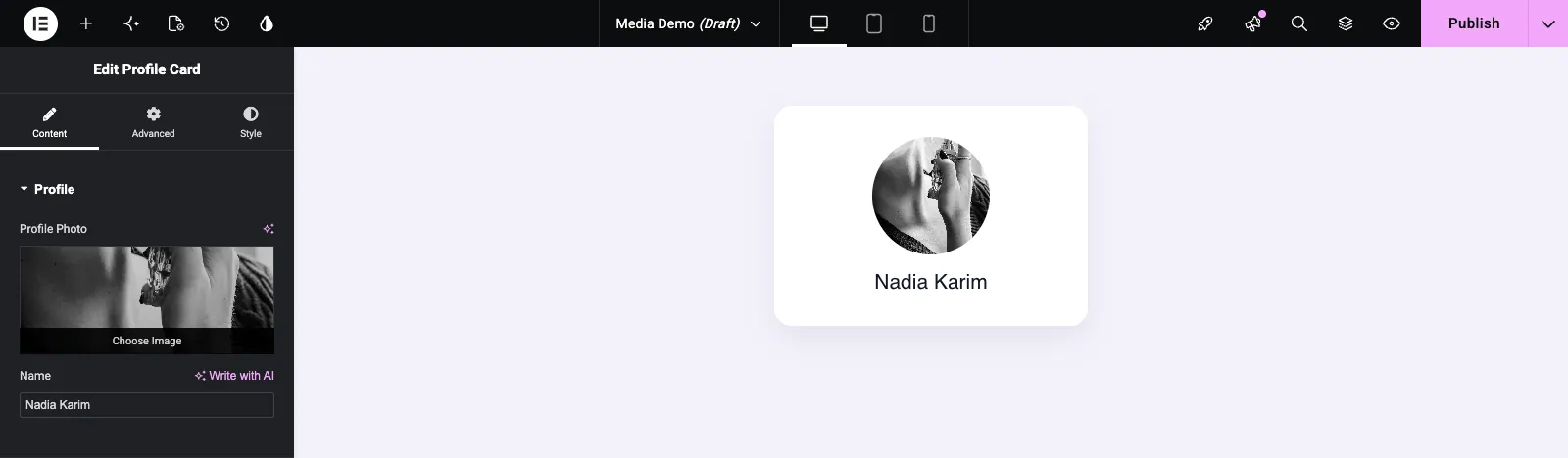 Media control in the Elementor panel with a selected photo and the Choose Image button