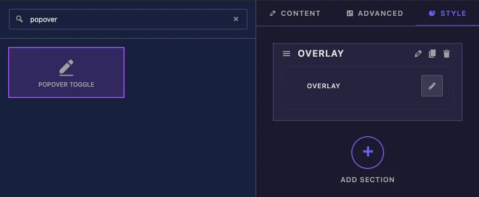 Popover Toggle field found by searching popover in the Master Addons Widget Builder and added to a Style section