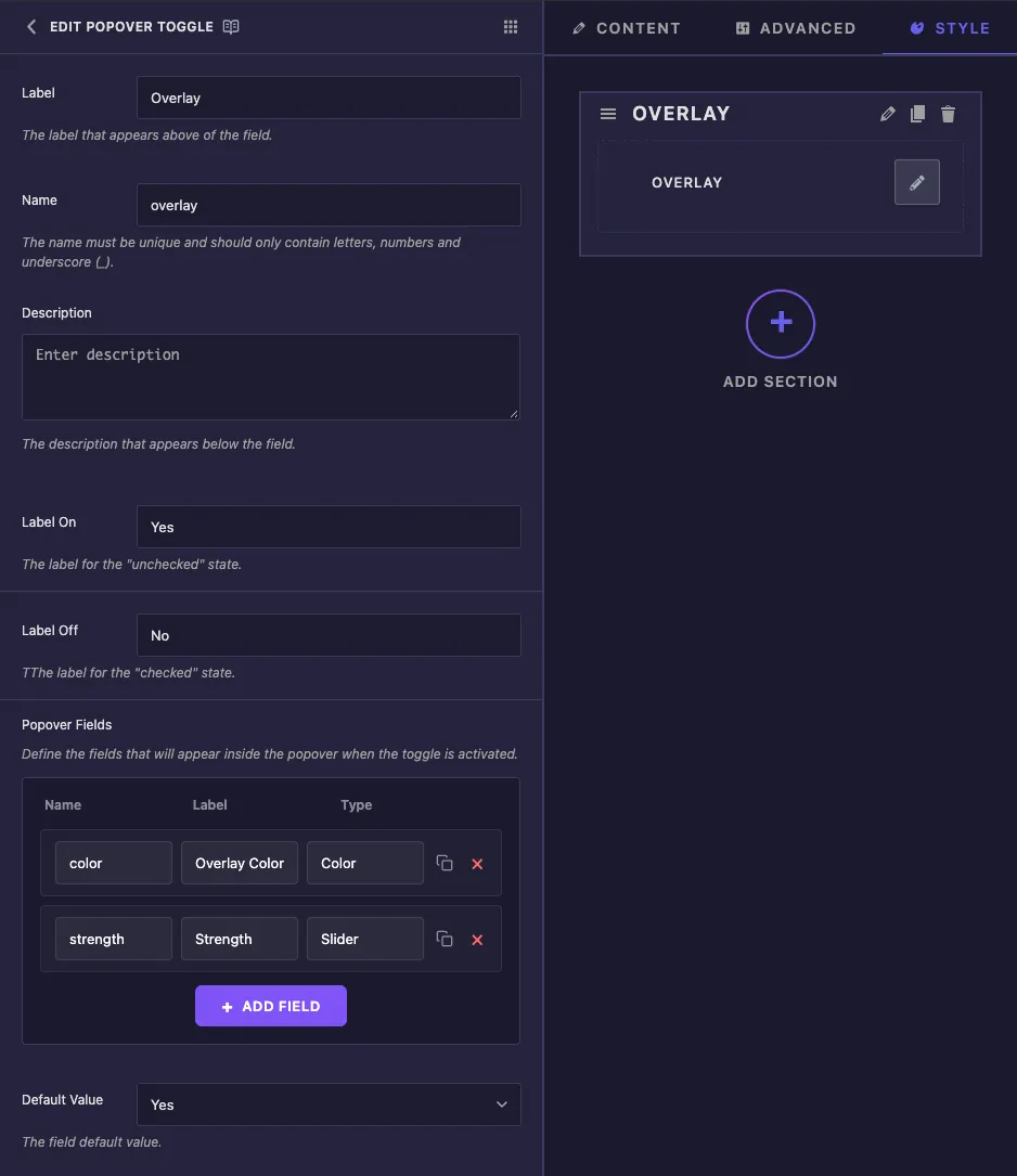 Popover Toggle field options with Label, Name, Label On, Label Off, Popover Fields for color and strength, and Default Value
