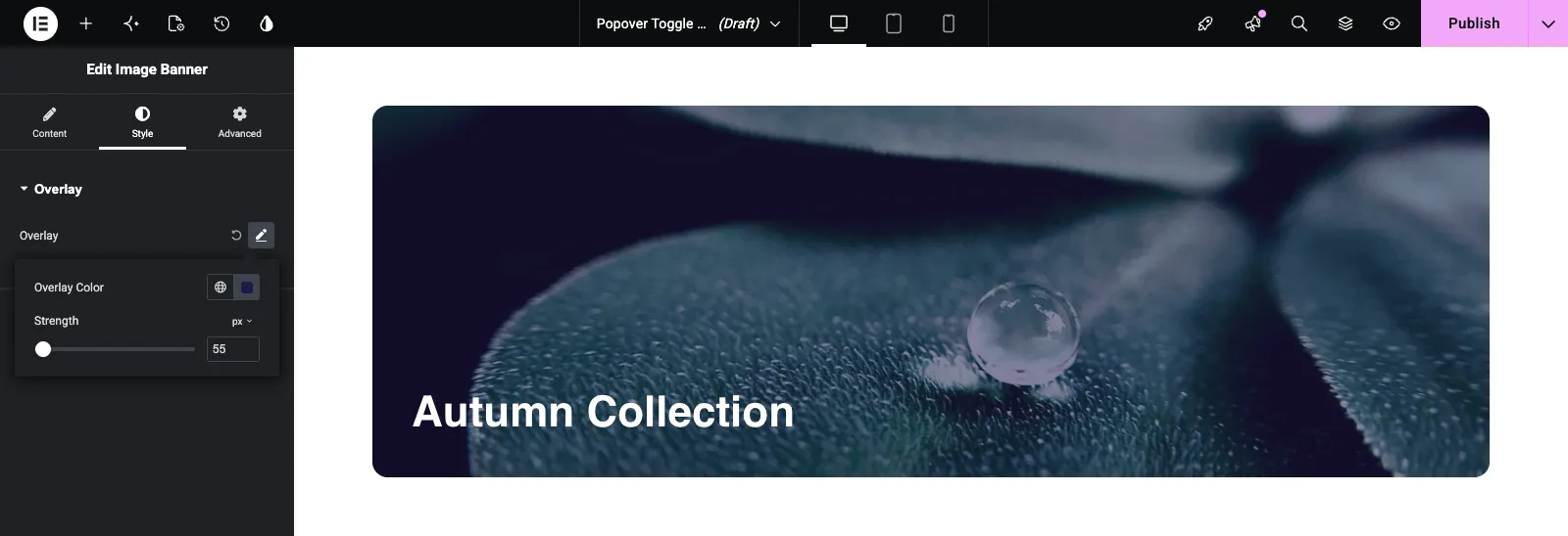 Open popover in Elementor with Overlay Color and Strength controls and the banner showing the overlay