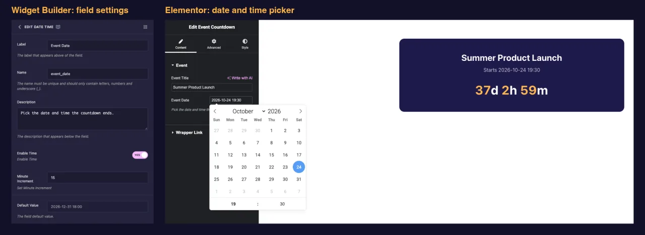 Date Time field settings in the Master Addons Widget Builder next to the Elementor date and time picker for an event countdown widget