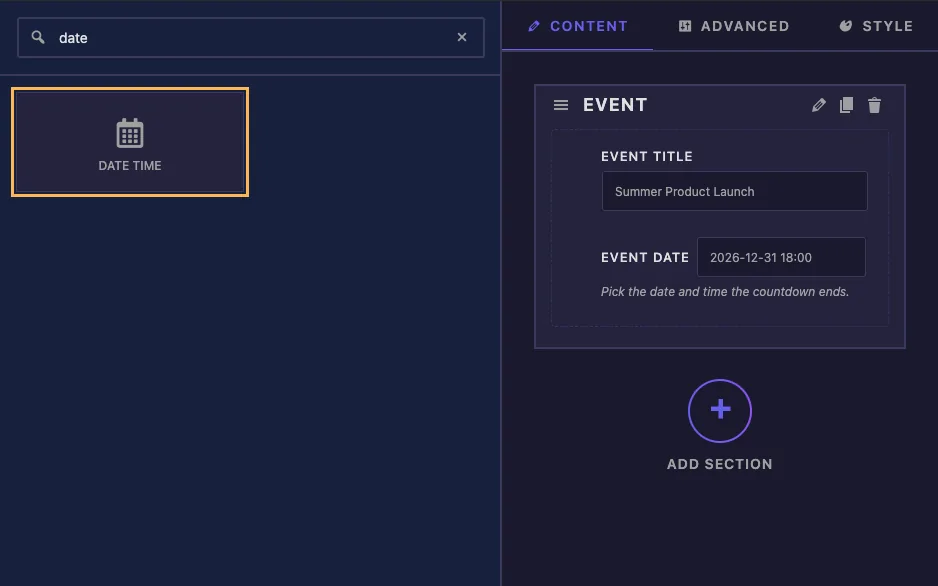 Date Time field found by searching date in the Widget Builder and added to the Event section