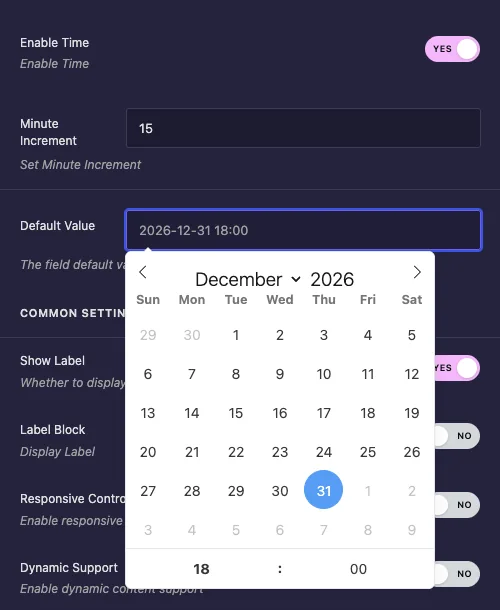 Default Value input opening a calendar with a time row in the Widget Builder Date Time field settings