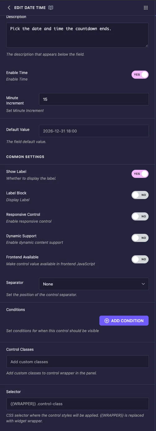 Common settings for the Date Time field including Show Label, Label Block, Separator, Conditions and Selector